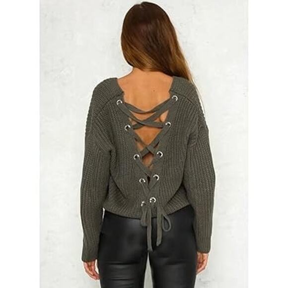 Oversized Lace Up Knit Pullover Sweater - Picture 8 of 10